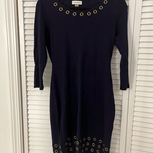 Calvin Klein Navy Knit Dress with Gold Eyelet Trim